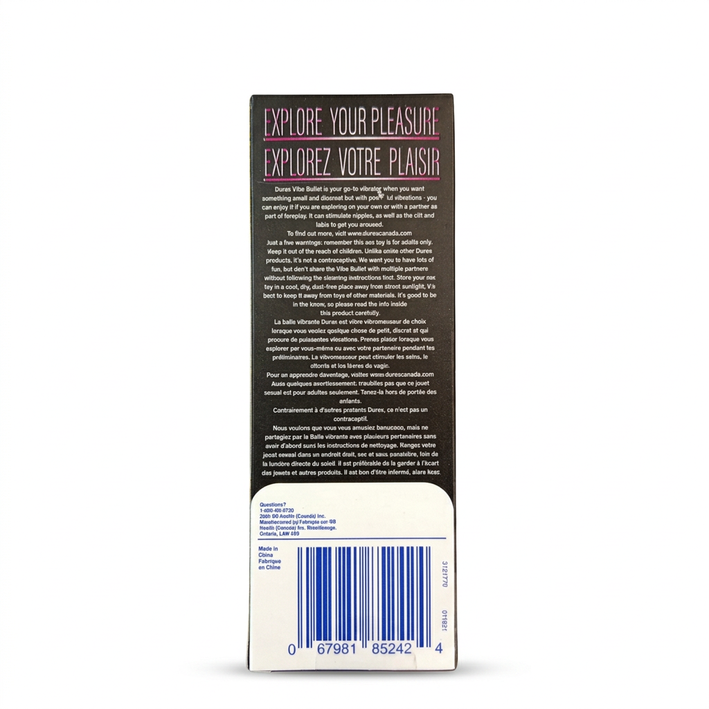 Durex Intense Vibrating Bullet box ka back view, product information aur barcode ke saath – docxora.com Pakistan