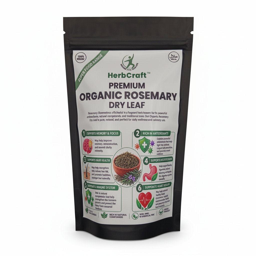 HerbCraft Premium Organic Rosemary Dry Leaf pouch on a clean white background, showing the front label with organic and halal icons, rosemary dry leaf product name and wellness illustrations, available in Pakistan at docxora.com