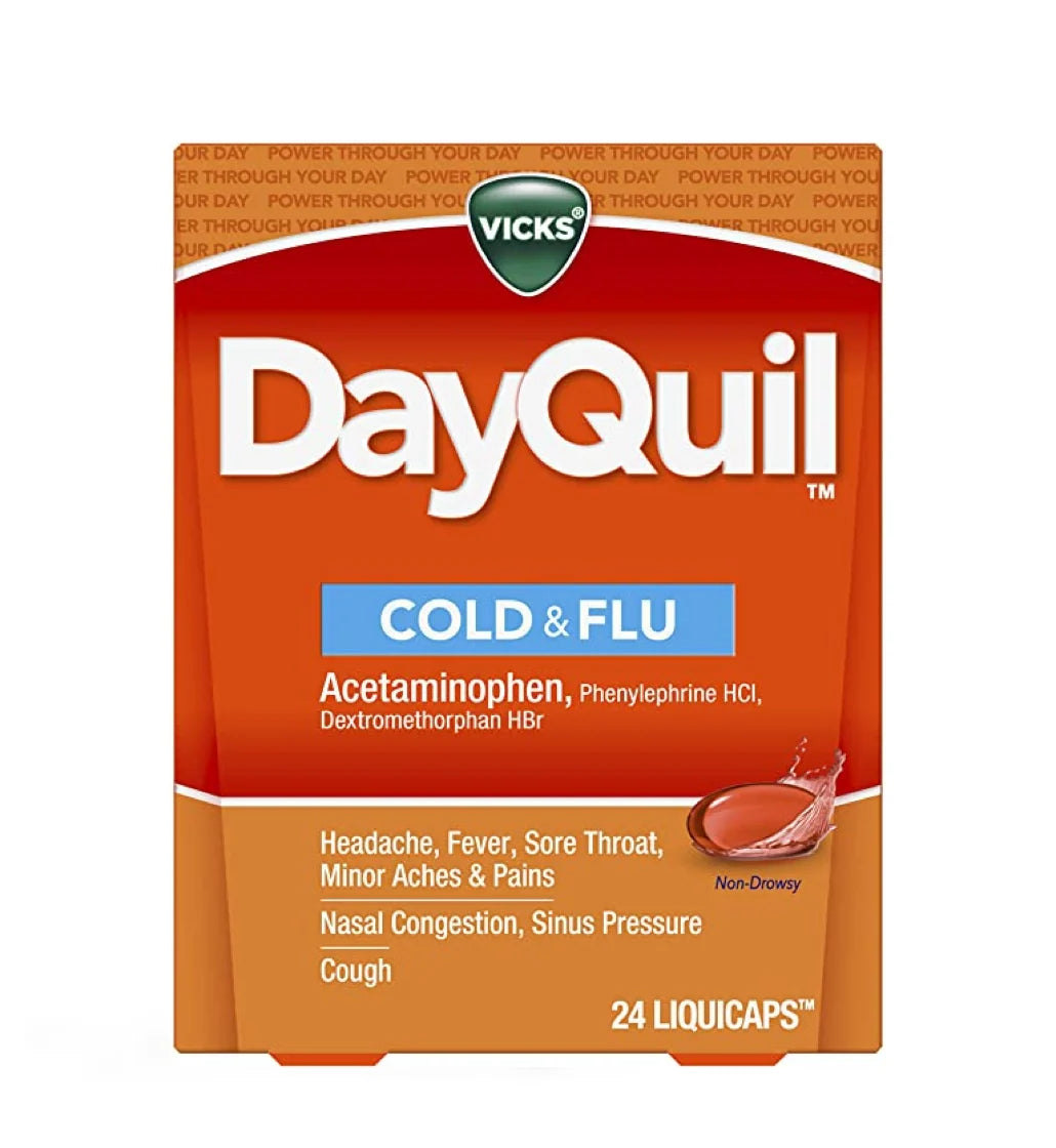 

Vicks DayQuil Cold & Flu 24 LiquiCaps pack on a clean white background, available at docxora.com Pakistan