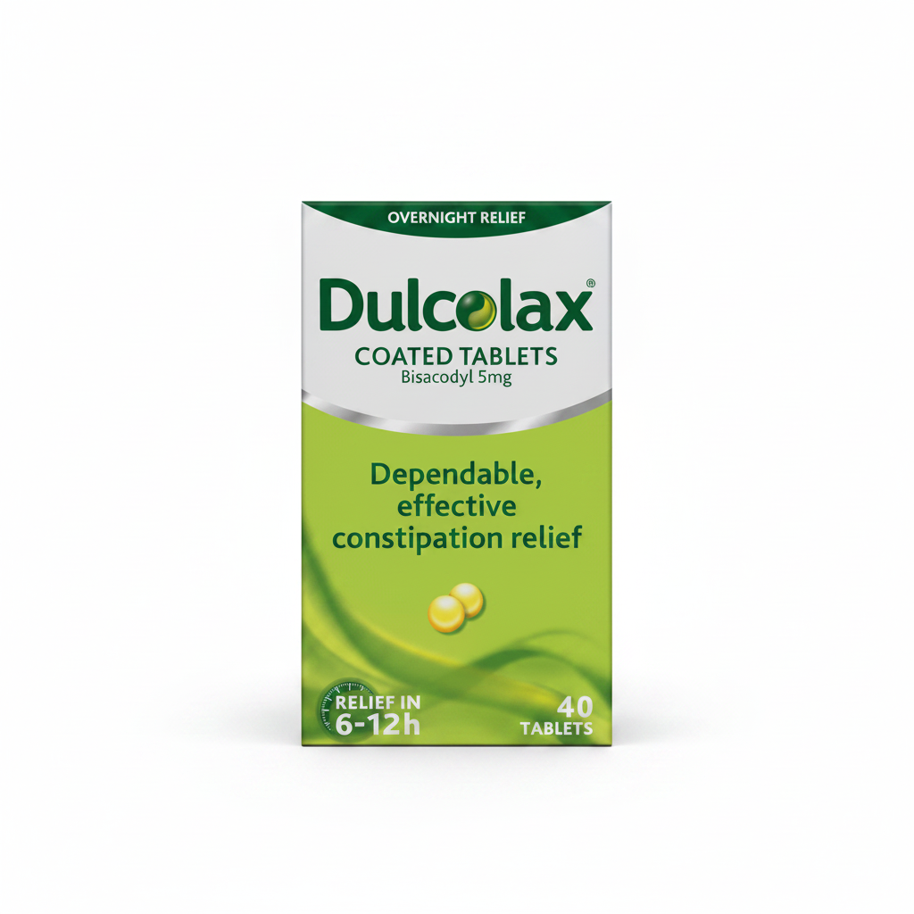 Dulcolax Coated Tablets Bisacodyl 5mg, 40 tablets product box on a clean white background, available at docxora.com Pakistan.