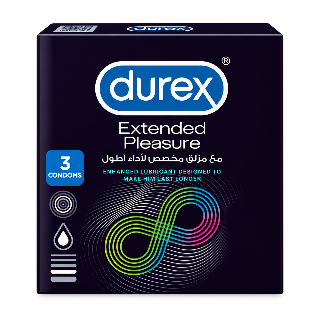 Durex Extended Pleasure 3 condoms dark purple pack with colourful infinity design on a white background – docxora.com Pakistan