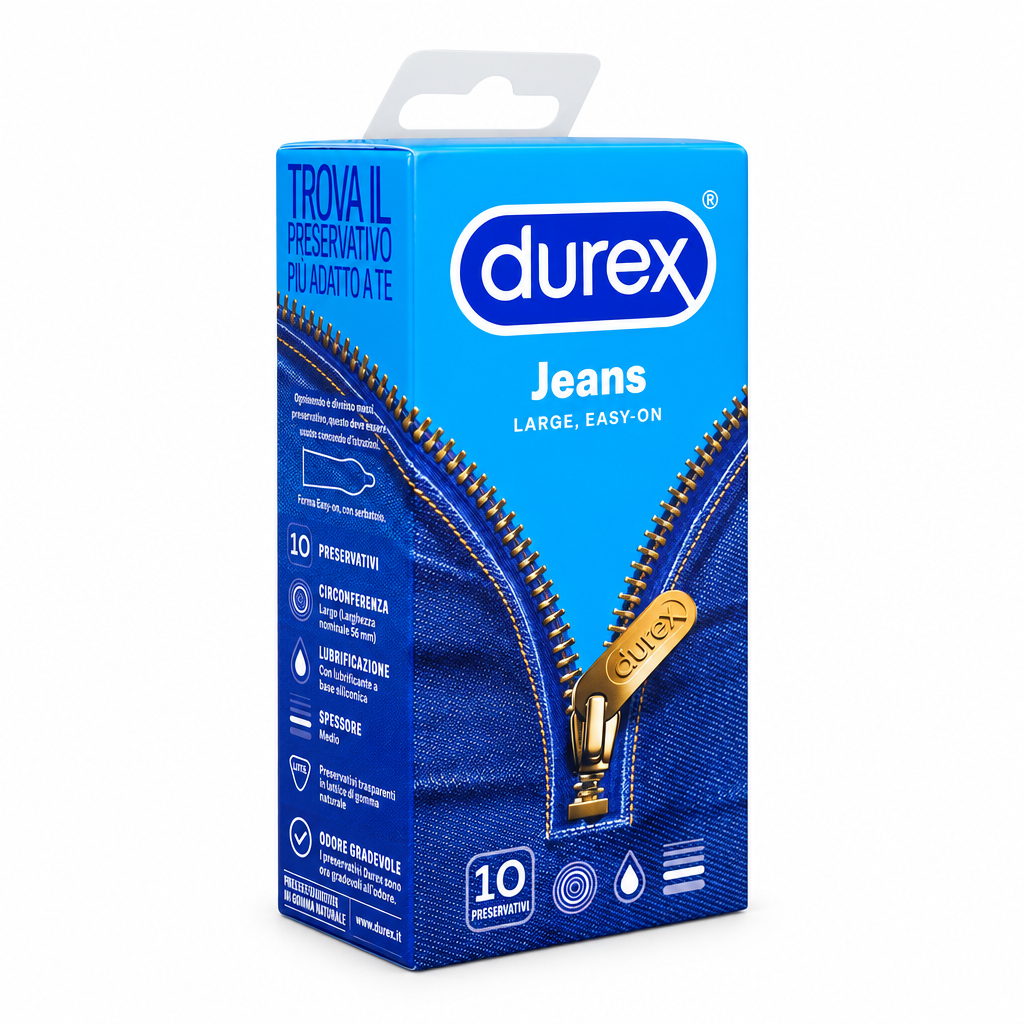Durex Jeans 10 condoms blue pack with denim and gold zipper design on a white background – docxora.com Pakistan