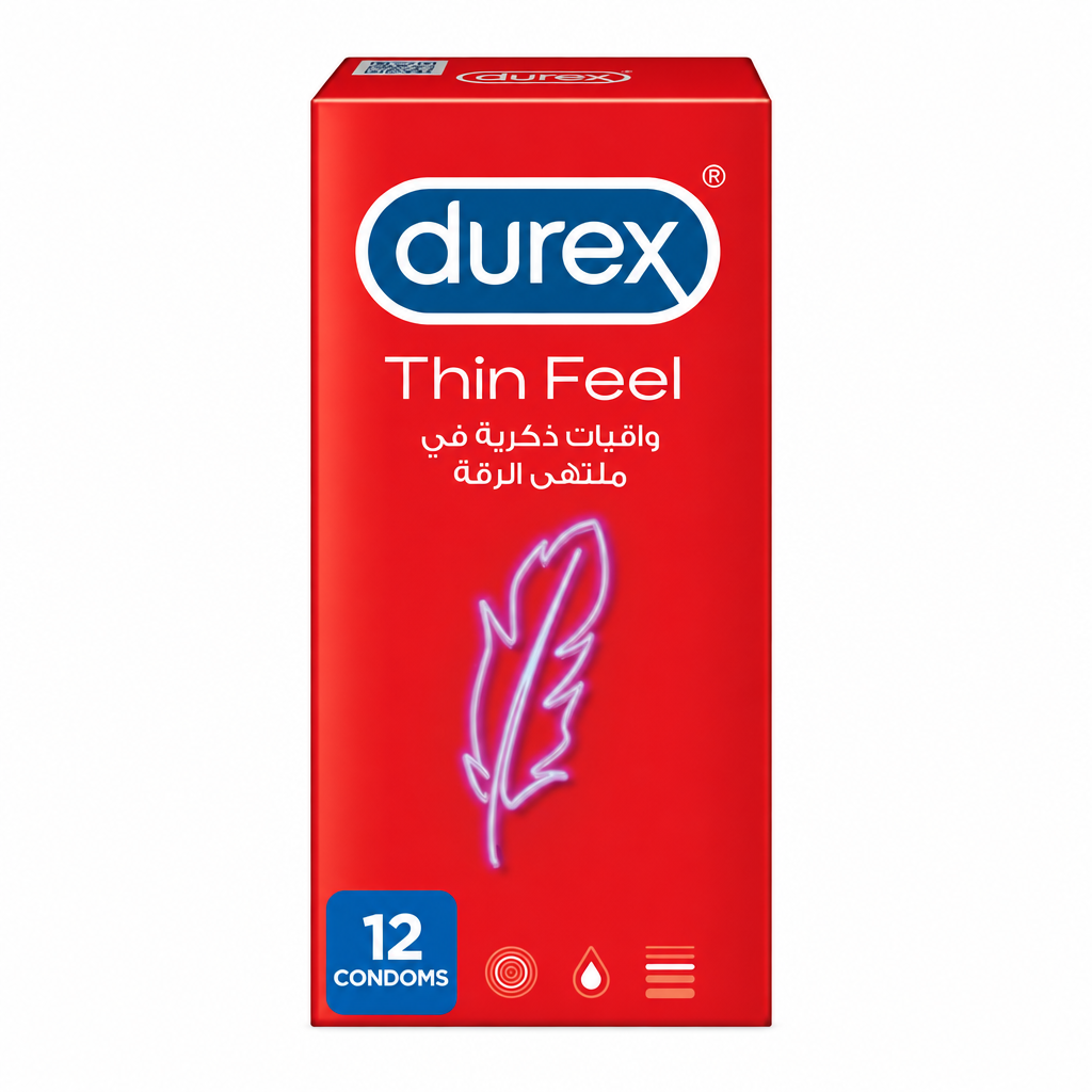 Durex Thin Feel 12 condoms red pack with feather design and Arabic text on a white background – docxora.com Pakistan
