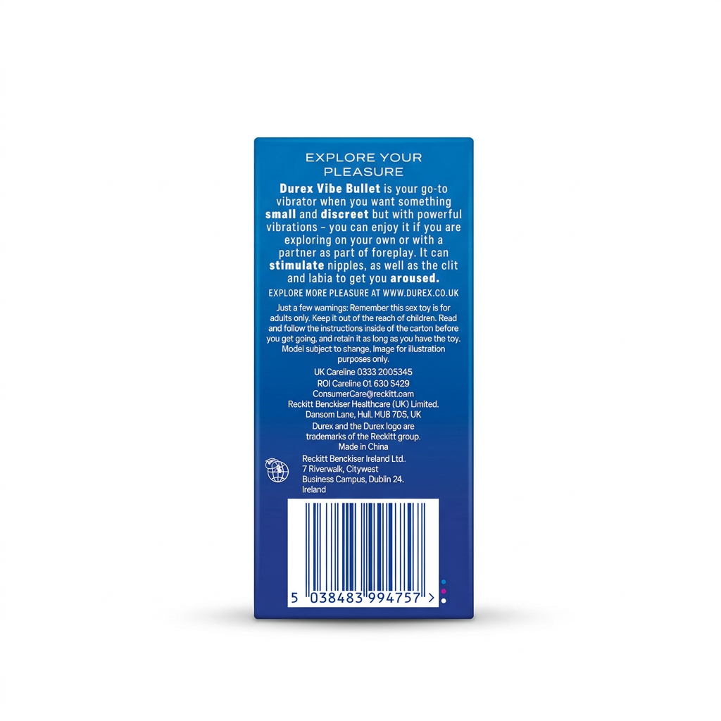 Durex Vibe Bullet box back view showing product information and barcode – docxora.com Pakistan