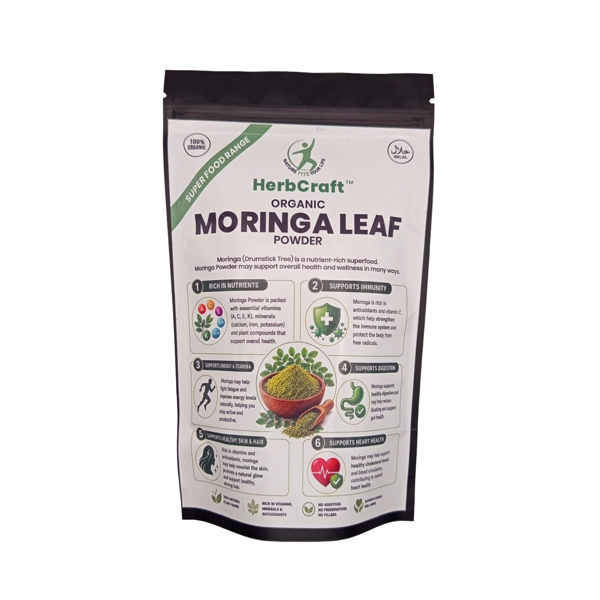HerbCraft Organic Moringa Leaf Powder pouch, 100% organic and halal superfood supplement, available at docxora.com Pakistan