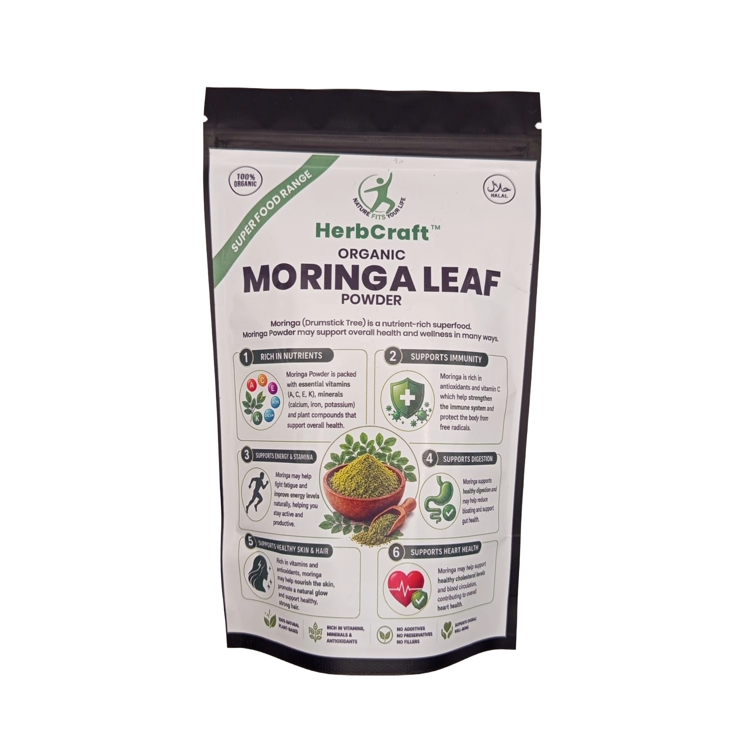 HerbCraft Organic Moringa Leaf Powder pouch, 100% organic and halal superfood supplement, available at docxora.com Pakistan