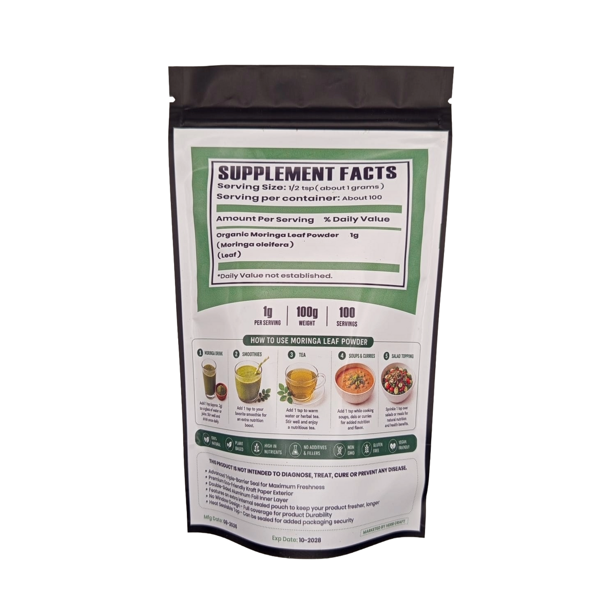 HerbCraft Organic Moringa Leaf Powder 100g pouch showing supplement facts, 1g serving size, approximately 100 servings, usage ideas, and product details, available at docxora.com Pakistan