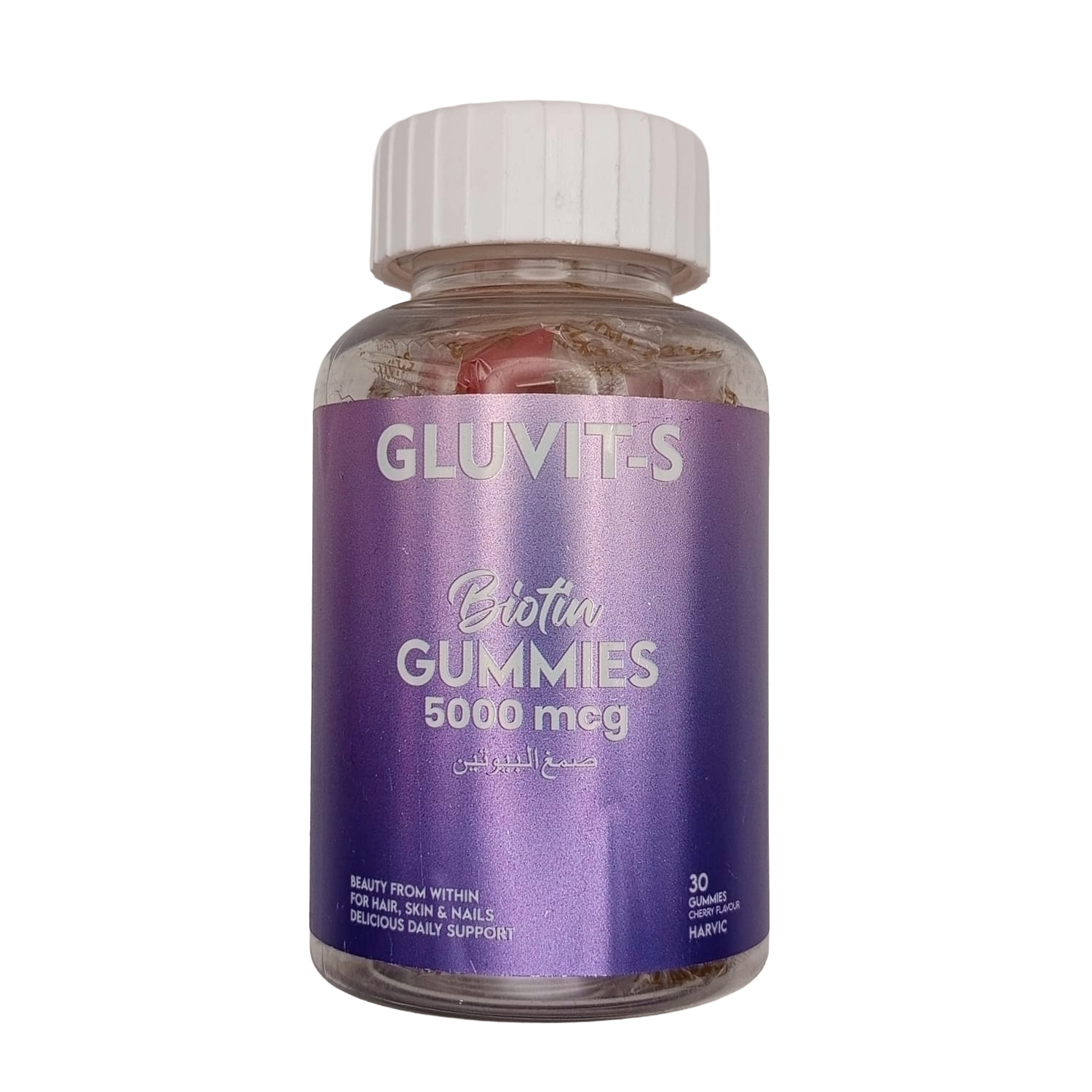 GLUVITS Biotin Gummies 5000 mcg bottle with 30 cherry-flavoured gummies for hair, skin and nails, available at docxora.com Pakistan