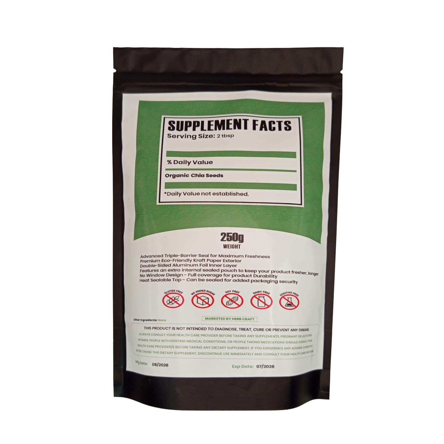 HerbCraft Organic Chia Seeds Supplement Facts – Serving Size 2 tbsp, Gluten Free, Soy Free, Dairy Free, No Added Sugar, Additive Free – 250g – docxora.com Pakistan
