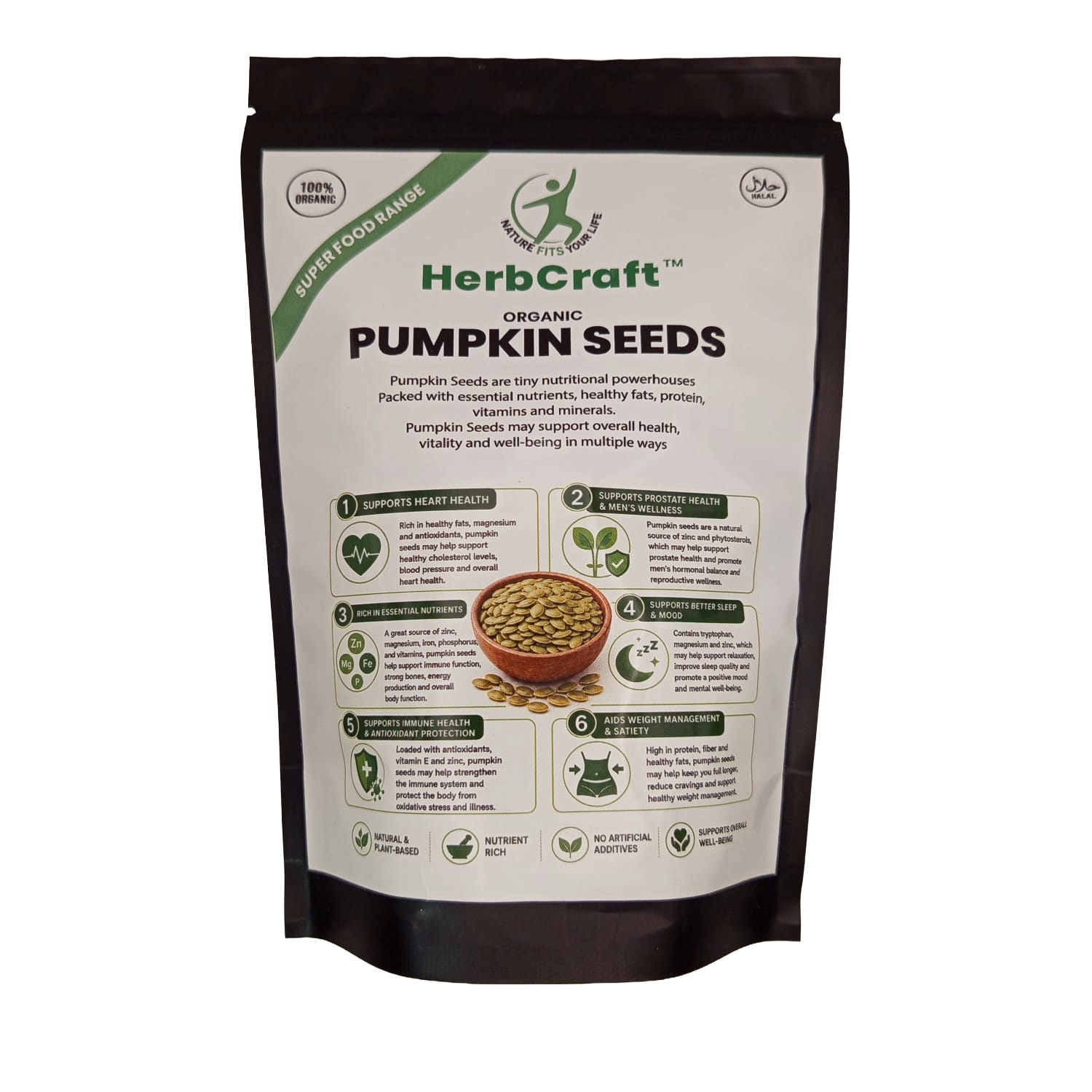 HerbCraft Organic Pumpkin Seeds 250g pouch with natural plant-based nutrition, healthy fats, protein, vitamins and minerals – DocXora Pakistan