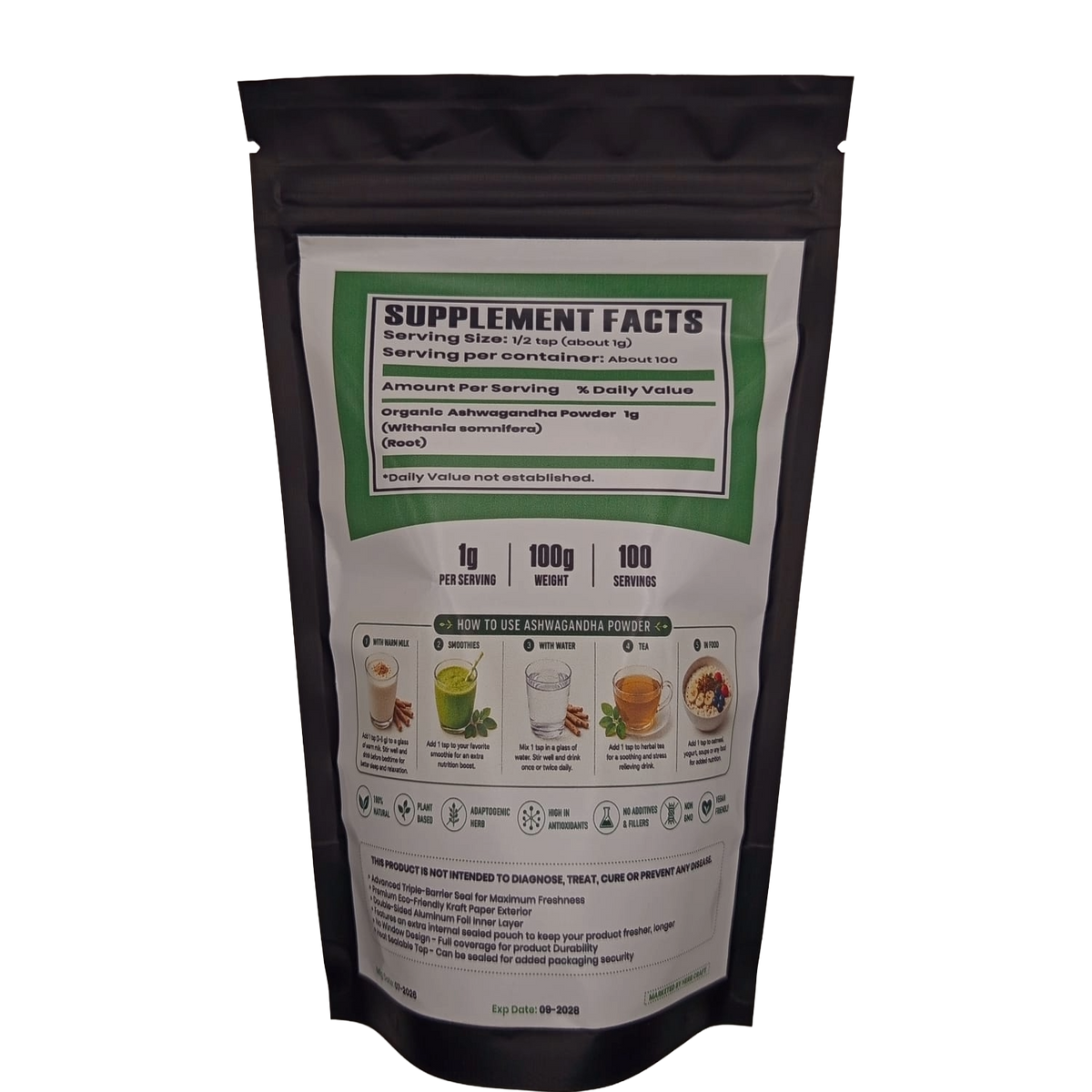 HerbCraft Organic Ashwagandha Powder Supplement Facts, 1g per serving and approximately 100 servings per container, available at docxora.com Pakistan
