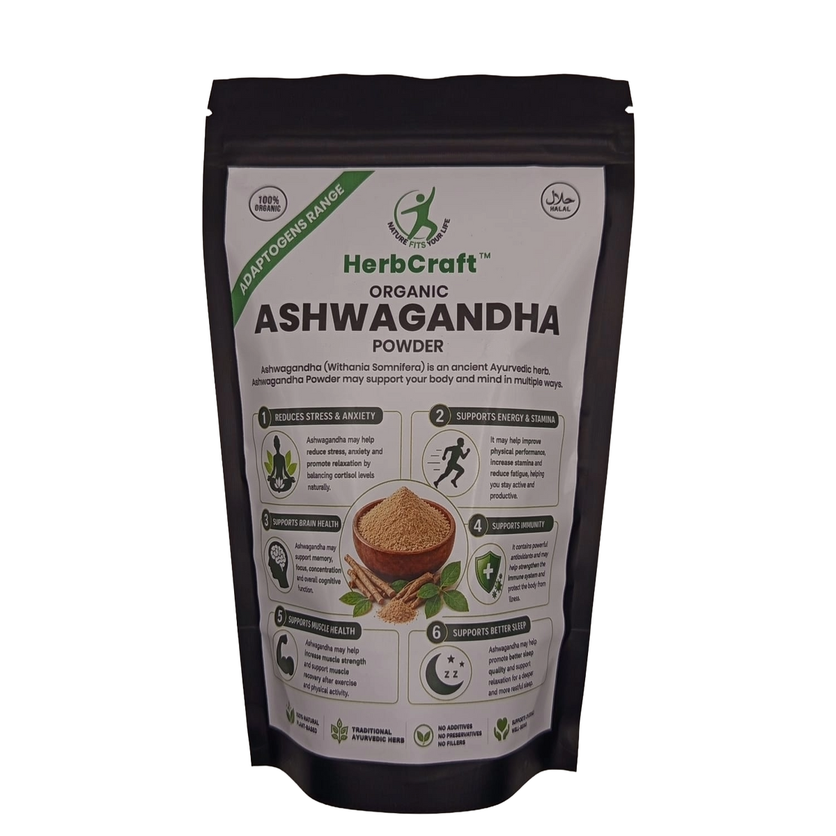 HerbCraft Organic Ashwagandha Powder 100g pouch, Withania somnifera root powder, available at docxora.com Pakistan
