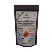 HerbCraft Premium Organic Berberis Aristata Root Powder (Sumbul) pouch, front view on a black background | docxora.com Pakistan