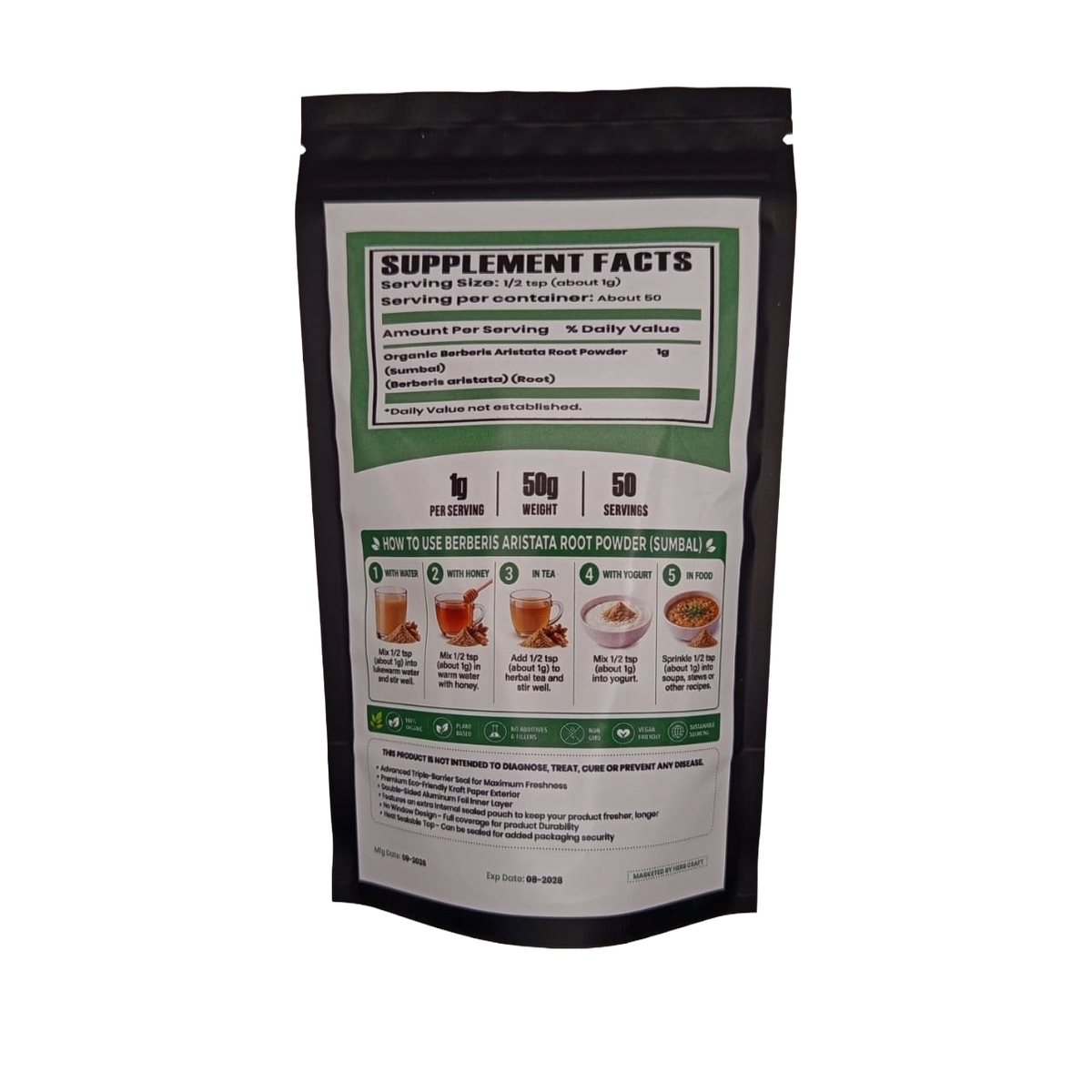 HerbCraft Premium Organic Berberis Aristata Root Powder (Sumbul) pouch, back view showing supplement facts and usage instructions on a black background | docxora.com Pakistan