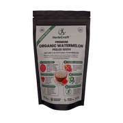 HerbCraft Premium Organic Watermelon Peeled Seeds 100g pouch ka front view, black background par, docxora.com
