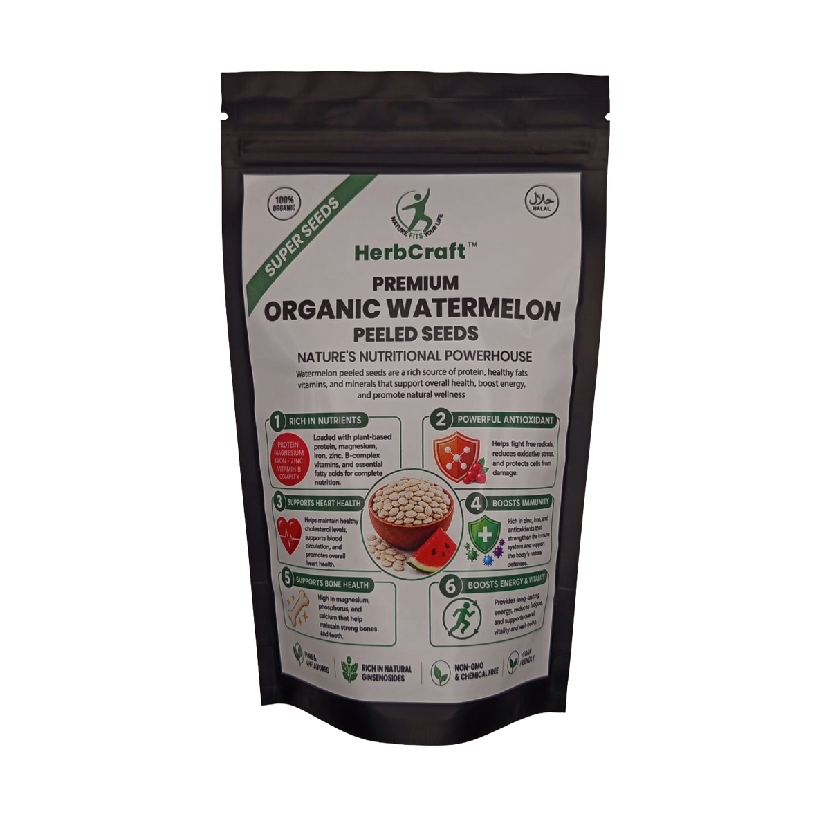 HerbCraft Premium Organic Watermelon Peeled Seeds 100g pouch ka front view, black background par, docxora.com