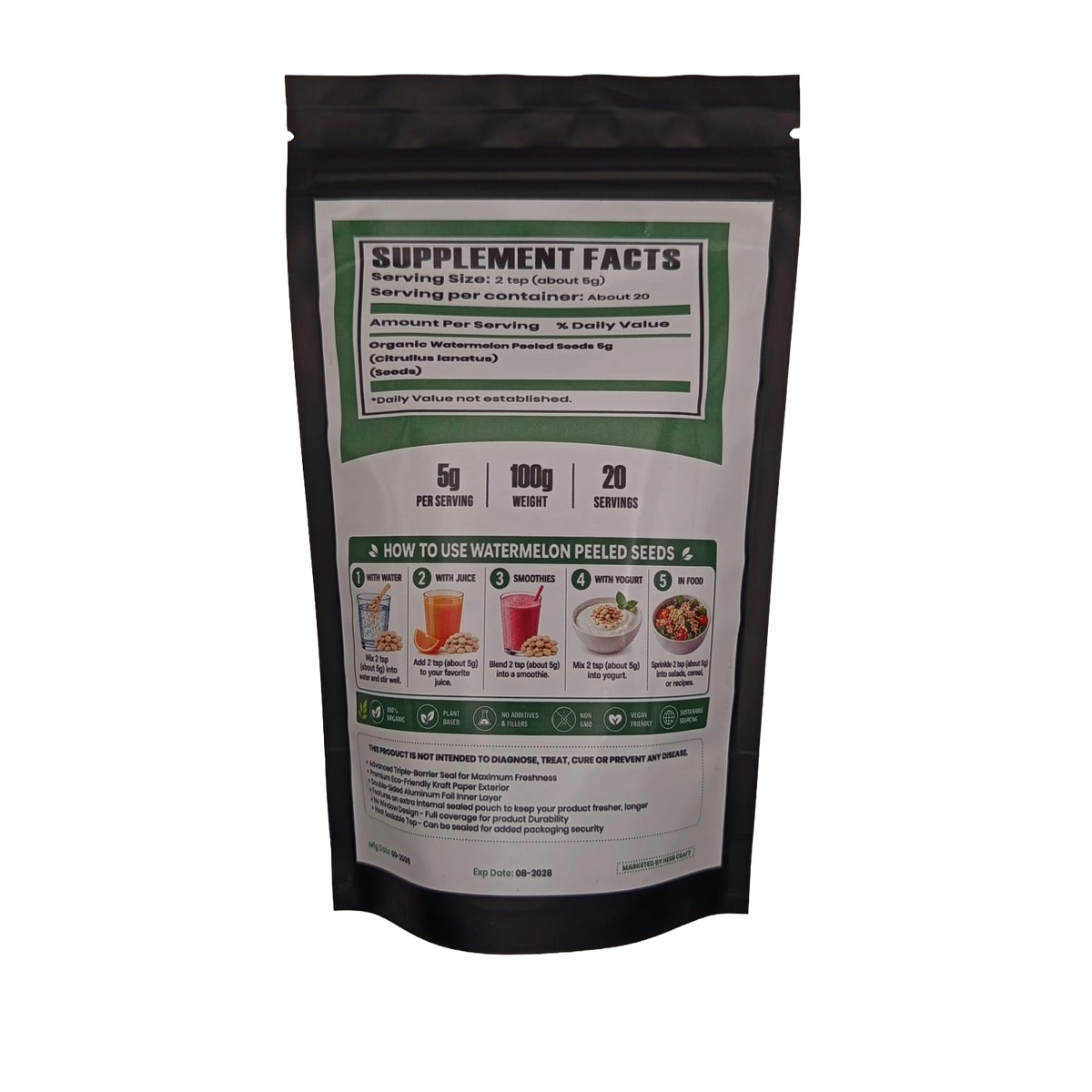 HerbCraft Organic Watermelon Peeled Seeds 100g pouch ka back view, supplement facts aur use instructions dikhate hue, black background par, docxora.com