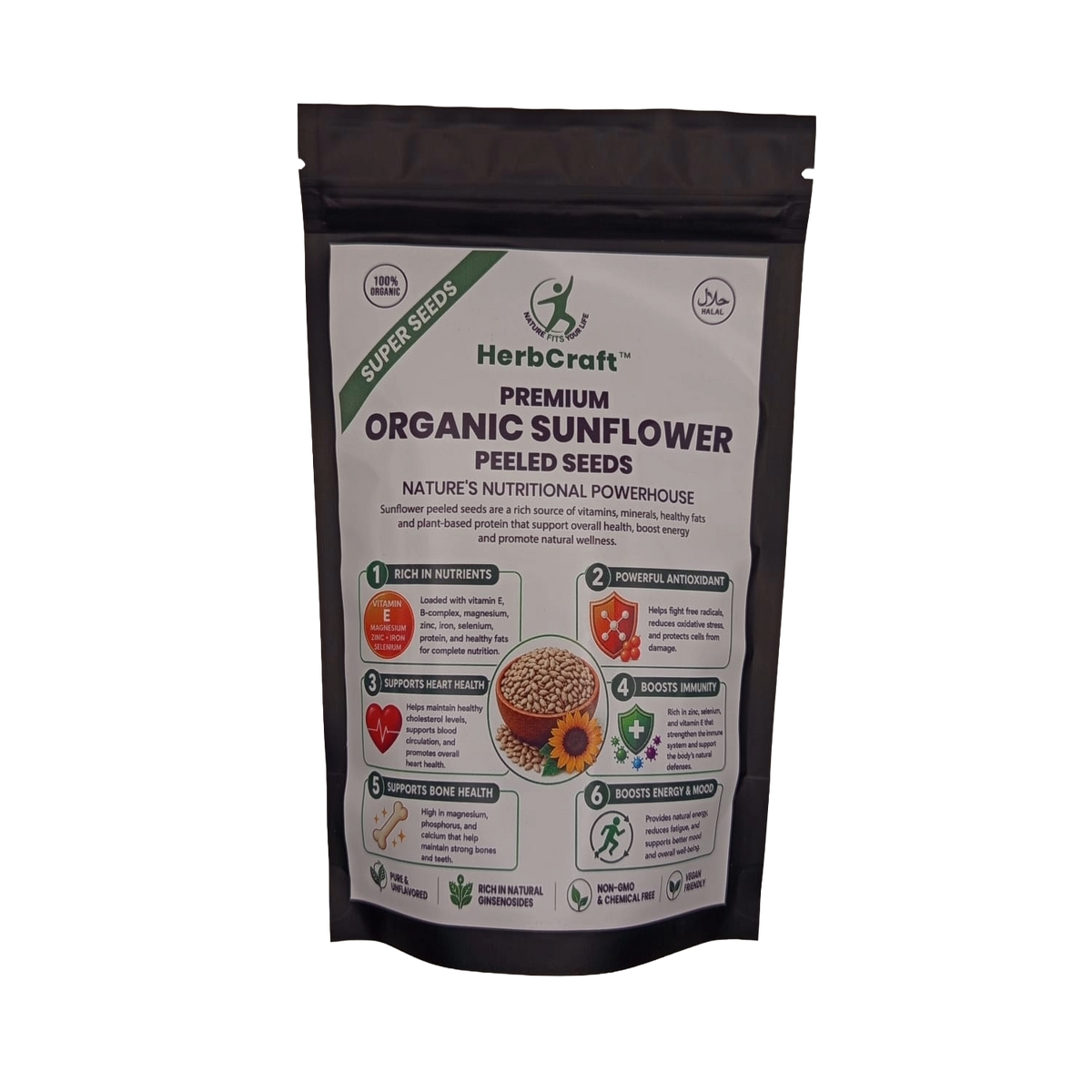 HerbCraft Premium Organic Sunflower Peeled Seeds 100g pouch ka front view, sunflower seeds ki illustration aur product name ke saath, black background par, docxora.com Pakistan.
