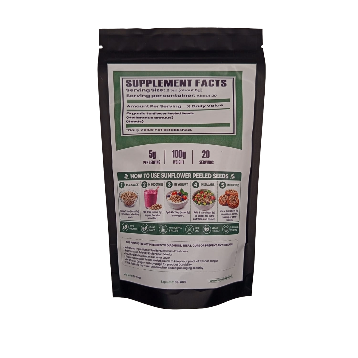  HerbCraft Organic Sunflower Peeled Seeds 100g pouch ka back view, supplement facts aur snack, smoothie, yogurt aur salad use ideas ke saath, black background par, docxora.com Pakistan.