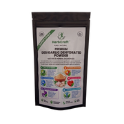 HerbCraft Premium Desi Garlic Dehydrated Powder pouch ka front view, garlic illustration aur product name ke saath, black background par, docxora.com Pakistan.