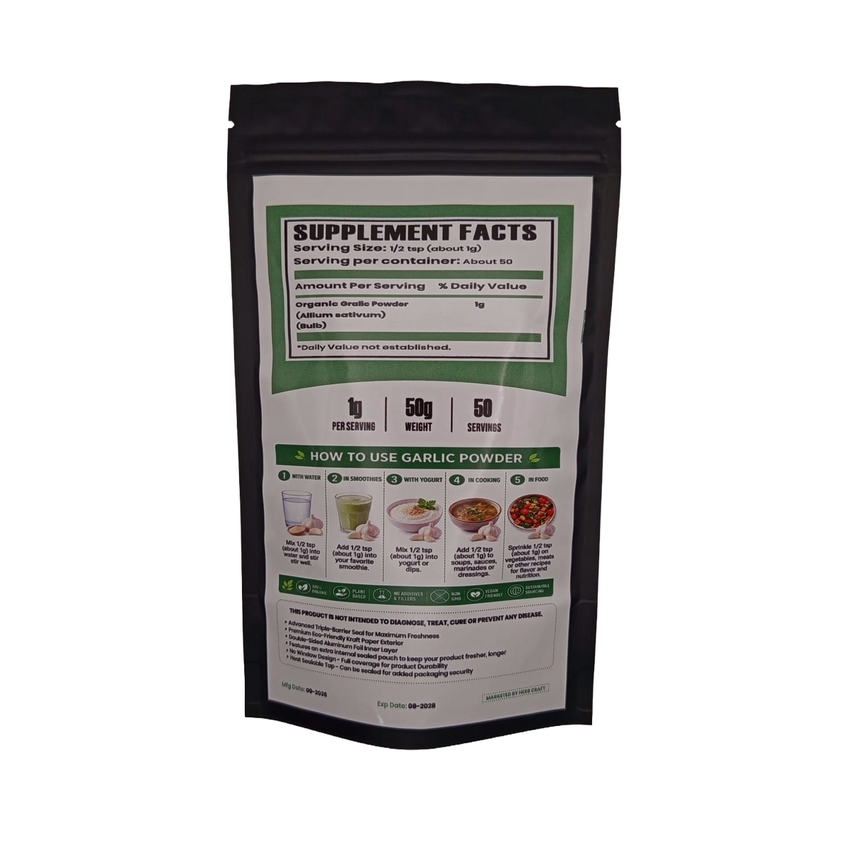  HerbCraft Desi Garlic Dehydrated Powder 50g pouch ka back view, supplement facts aur use ideas dikhate hue, black background par, docxora.com Pakistan.⠋