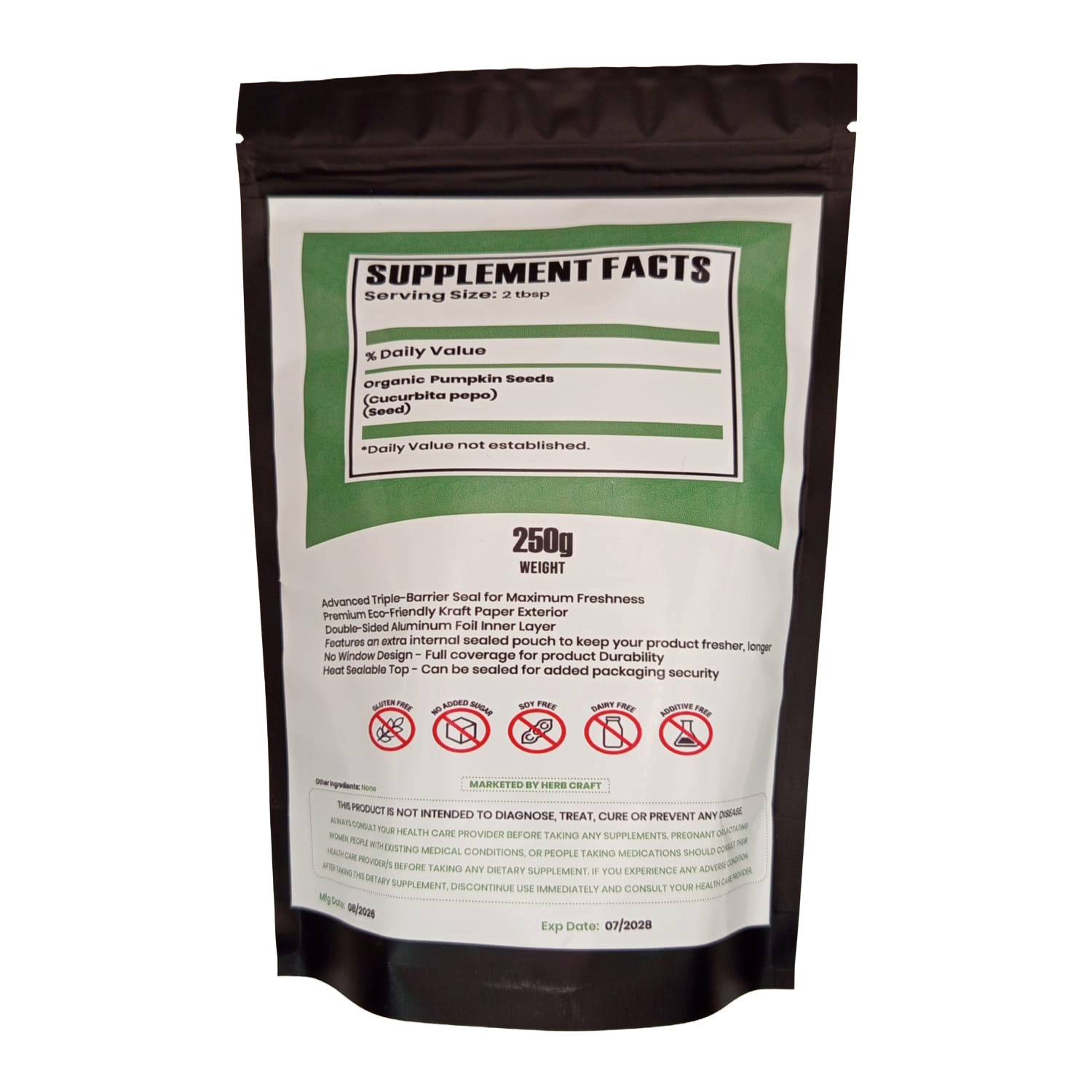 **Back Image Alt Text:**  
`HerbCraft Organic Pumpkin Seeds 250g back pouch showing Supplement Facts, 2 tablespoon serving size, Cucurbita pepo seeds, gluten-free, no added sugar, soy-free, dairy-free and additive-free – DocXora Pakistan`