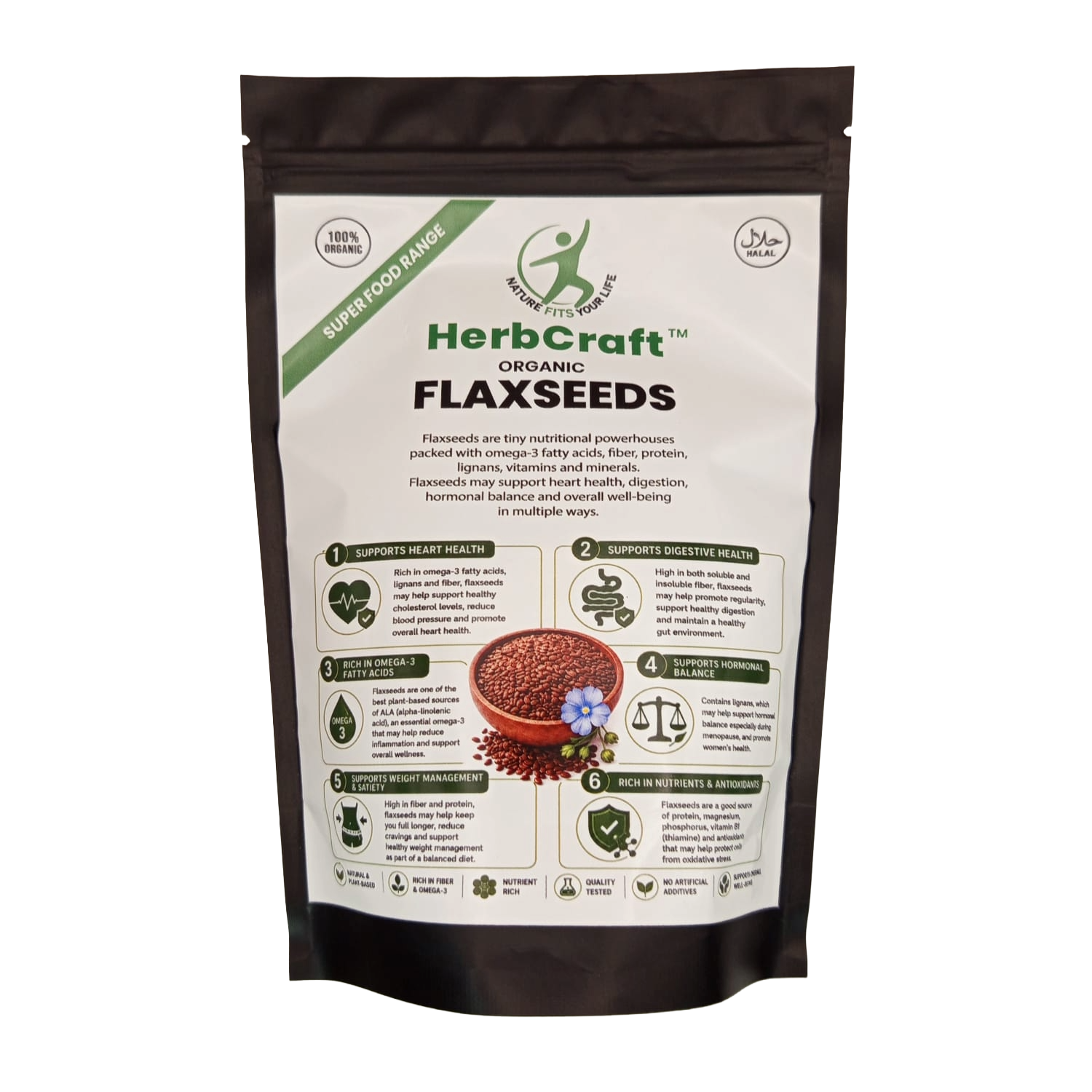 HerbCraft Organic Flaxseeds 250g pouch with omega-3, fiber and nutrient-rich benefits, halal and 100% organic – DocXora Pakistan