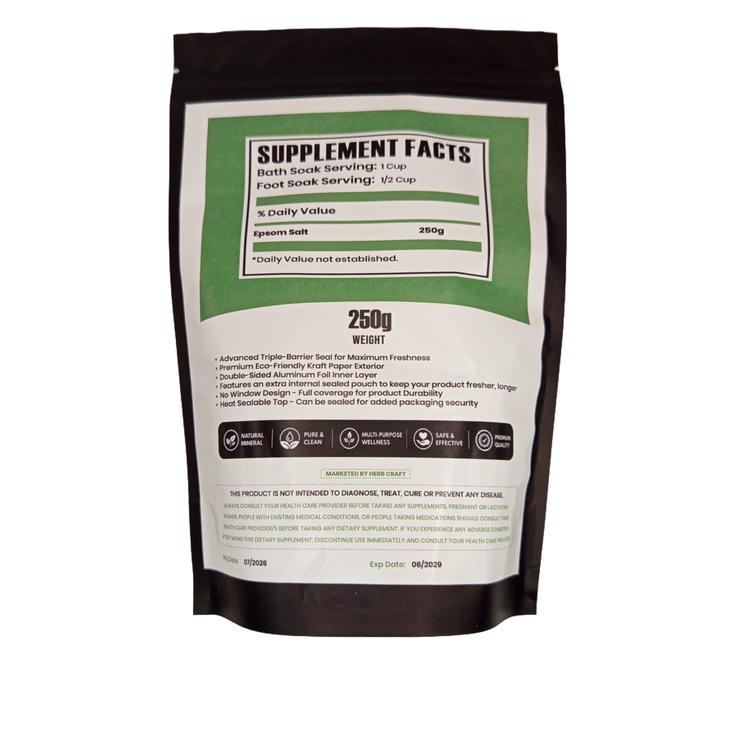 HerbCraft Epsom Salt Supplement Facts – Bath Soak 1 Cup, Foot Soak 1/2 Cup, 250g Magnesium Sulfate – Natural Mineral, Pure & Clean, No Additives – docxora.com Pakistan

