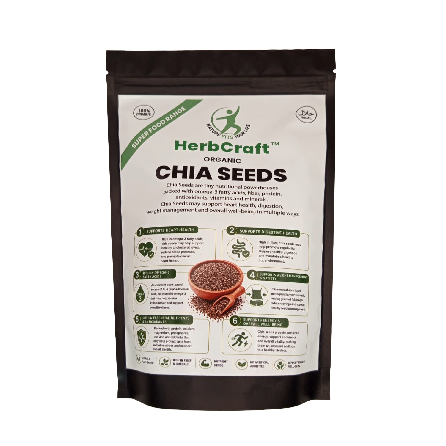 HerbCraft Organic Chia Seeds 250g – Supports Heart Health, Digestion & Weight Management – 100% Organic, Halal Certified – Available at docxora.com Pakistan
