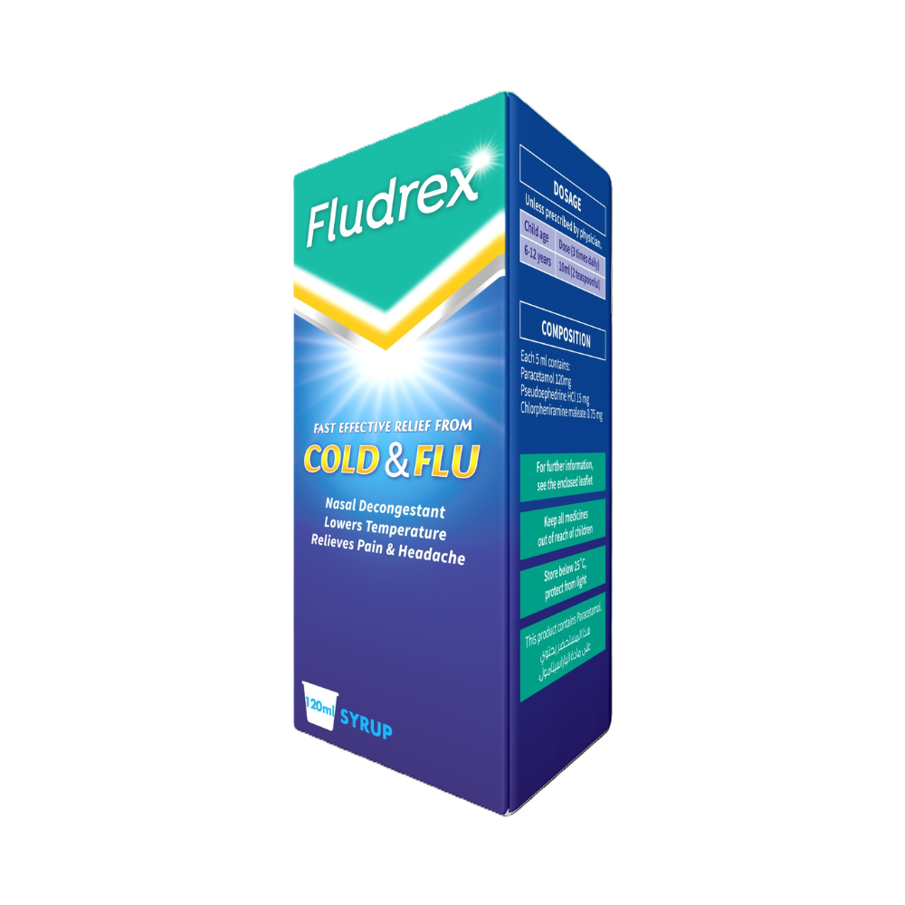 
Fludrex Cold and Flu Syrup 120ml with nasal decongestant, helps lower temperature and relieve pain and headache, product box on white background, available at docxora.com Pakistan