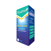 
Fludrex Cold and Flu Syrup 120ml with nasal decongestant, helps lower temperature and relieve pain and headache, product box on white background, available at docxora.com Pakistan