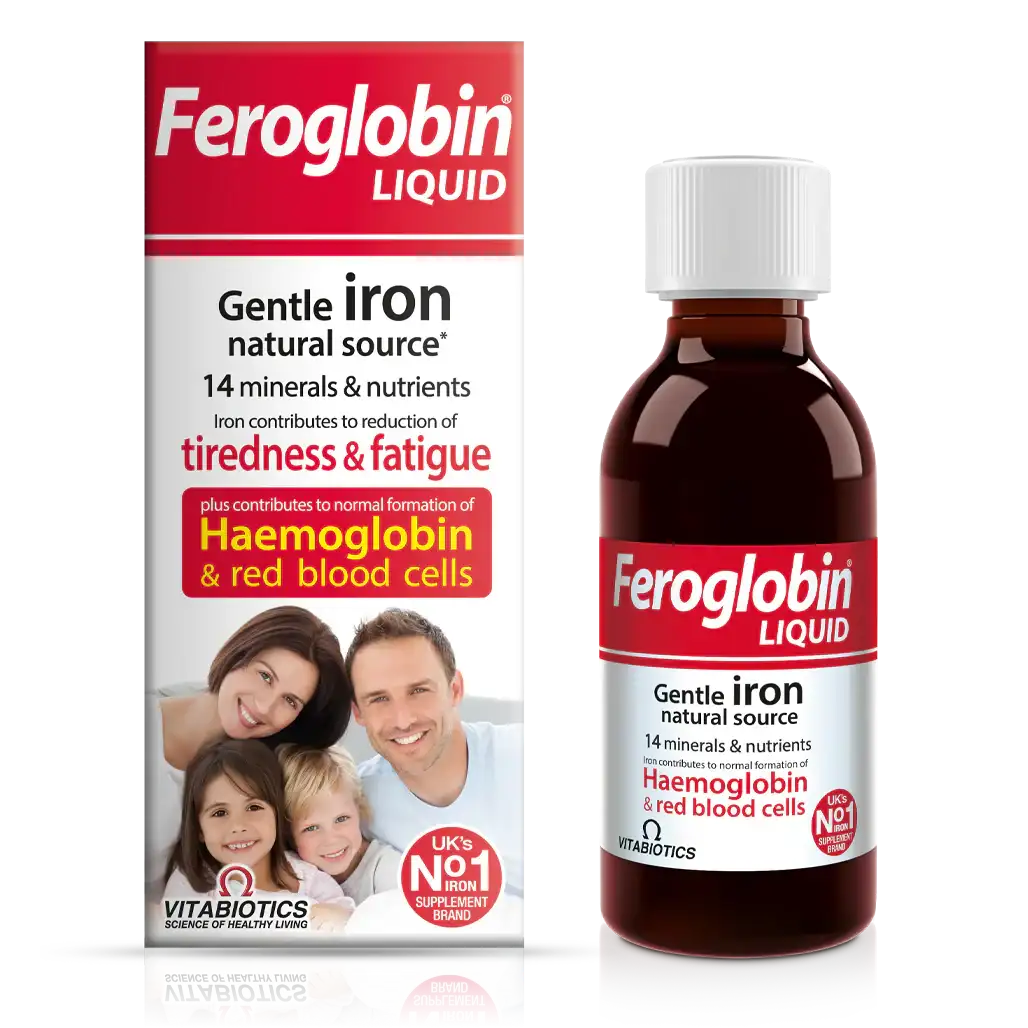 Vitabiotics Feroglobin Liquid 200ml Front Pack & Bottle - Gentle Iron Natural Source with 14 Minerals & Nutrients for Haemoglobin, Red Blood Cells & Tiredness - UK's No.1 Iron Supplement Brand Available in Pakistan at docxora.com