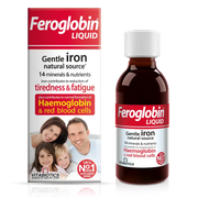 Vitabiotics Feroglobin Liquid 200ml Front Pack & Bottle - Gentle Iron Natural Source with 14 Minerals & Nutrients for Haemoglobin, Red Blood Cells & Tiredness - UK's No.1 Iron Supplement Brand Available in Pakistan at docxora.com