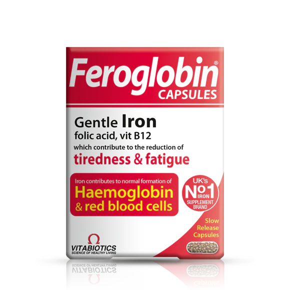 Vitabiotics Feroglobin Capsules 30 Capsules Front Pack - Gentle Slow Release Iron with Folic Acid & Vitamin B12 for Tiredness & Fatigue, Haemoglobin & Red Blood Cells - UK Imported Supplement Available in Pakistan at docxora.com