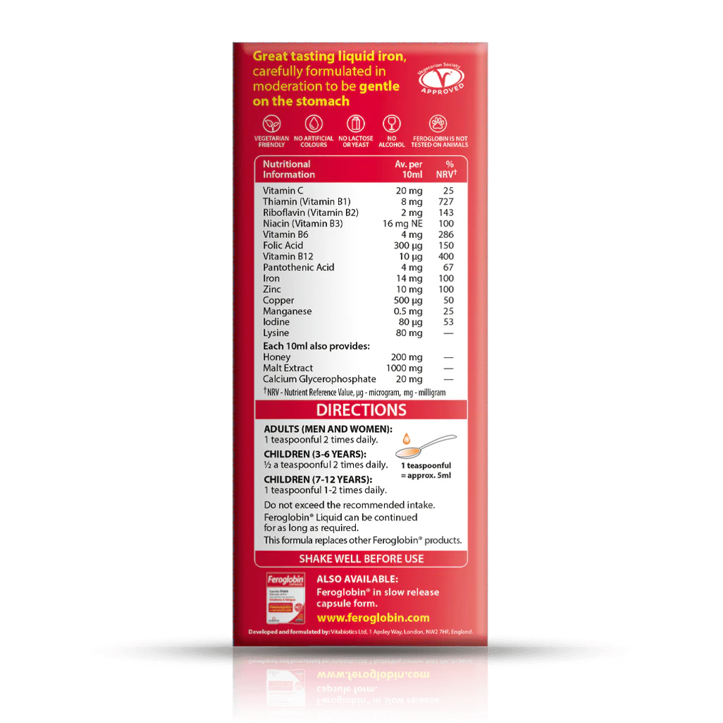 Vitabiotics Feroglobin Liquid 200ml Back Label - Nutritional Information: Iron 14mg, Folic Acid 300mcg, Vitamin B12, B6, Zinc, Honey & Malt Extract - Vegetarian Friendly Gentle Iron Supplement UK Imported Pakistan docxora.com
