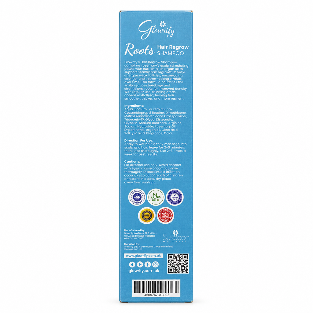 Glowrify Roots Hair Regrow Shampoo box back view showing ingredients, usage directions and cautions – docxora.com Pakistan