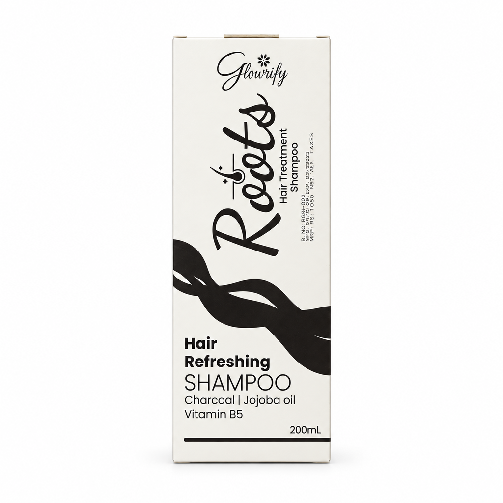 Glowrify Roots Hair Treatment Shampoo 200ml box with charcoal, jojoba oil and vitamin B5 on a white background – docxora.com Pakistan
