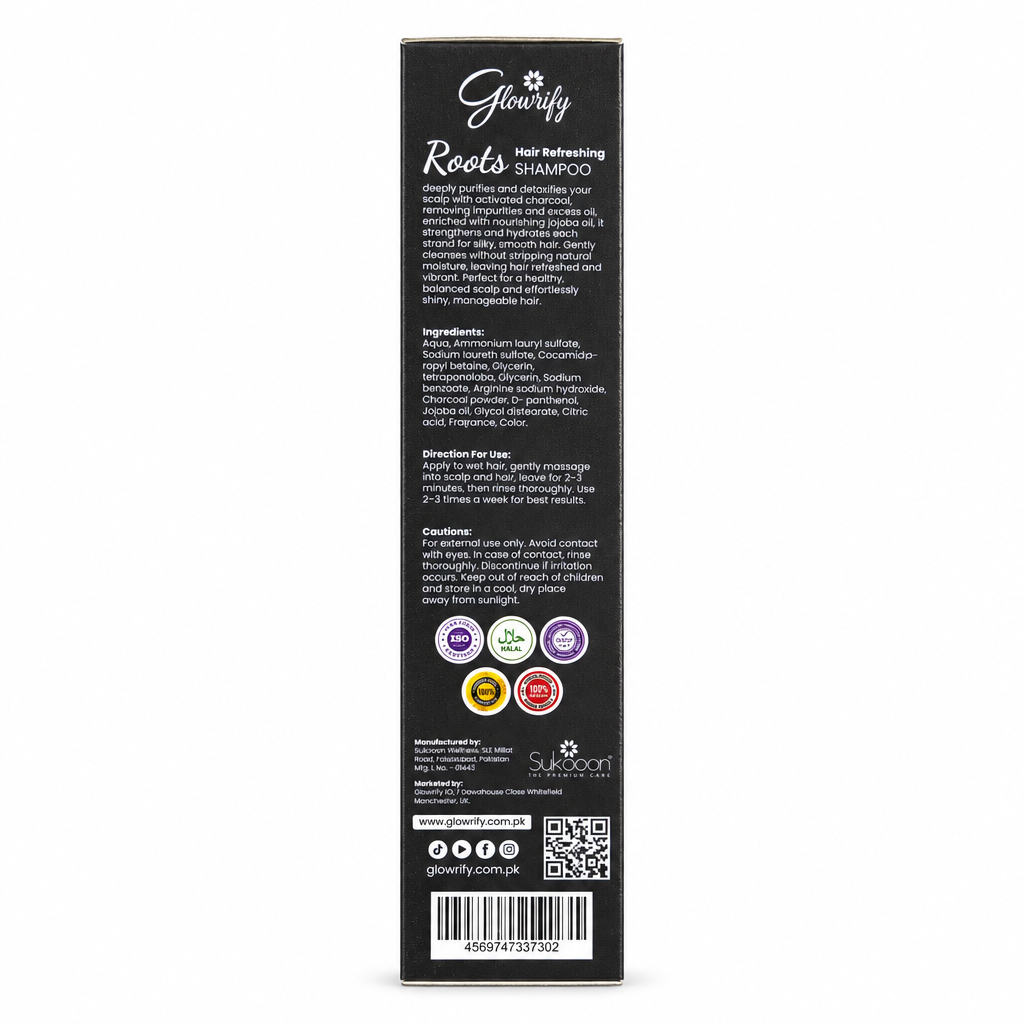 Glowrify Roots Hair Refreshing Shampoo box back-side view showing ingredients, usage directions and cautions – docxora.com Pakistan⠋