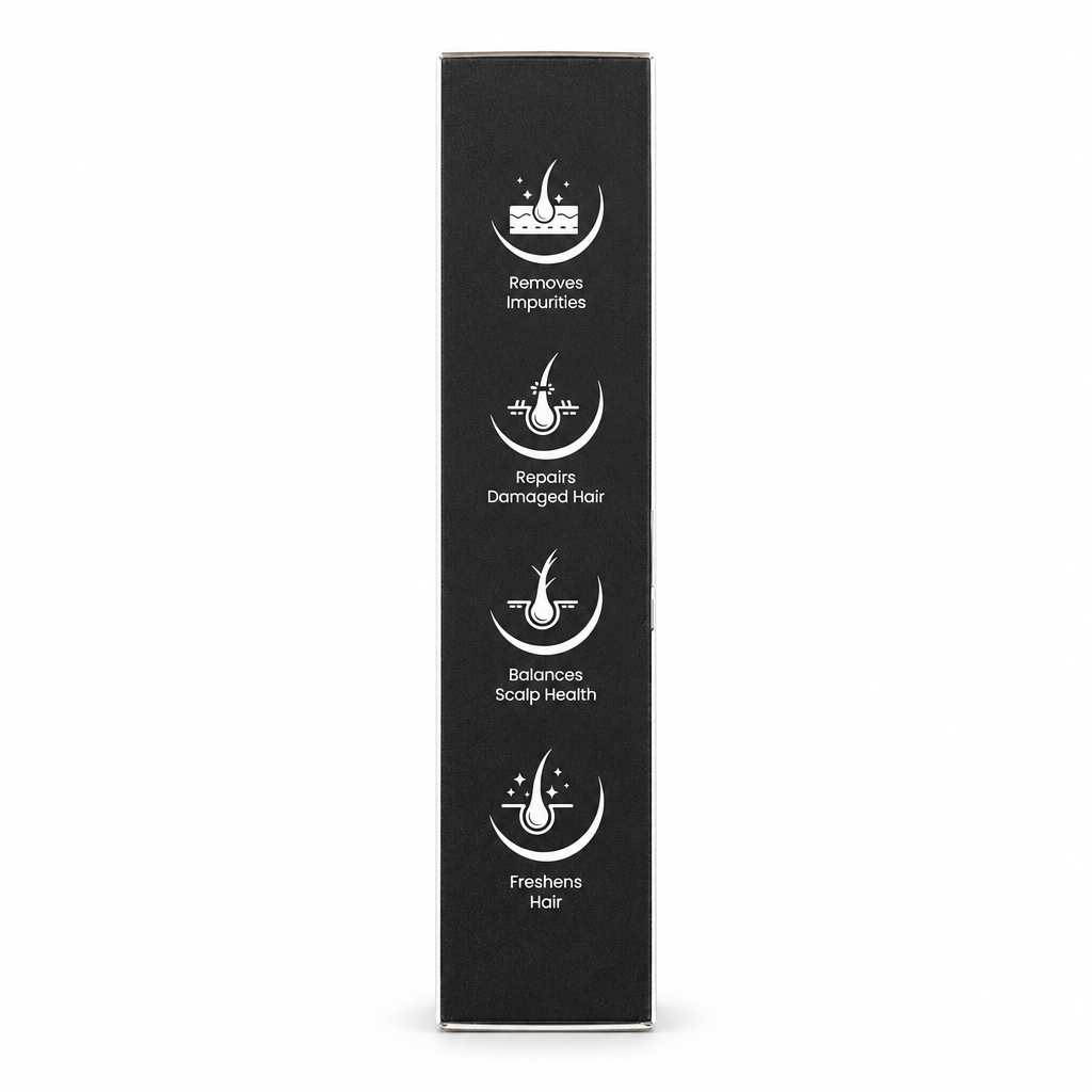 Glowrify Roots shampoo box side view showing four hair-care icons and printed benefits – docxora.com Pakistan