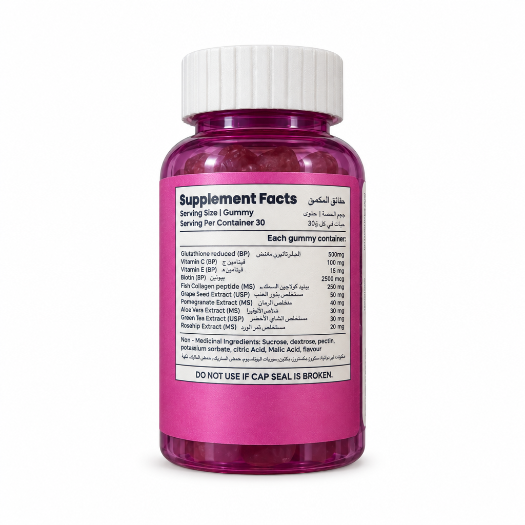 GLUVIT-S Beauty Booster Gummies bottle back view showing Supplement Facts and ingredients in English and Arabic – docxora.com Pakistan