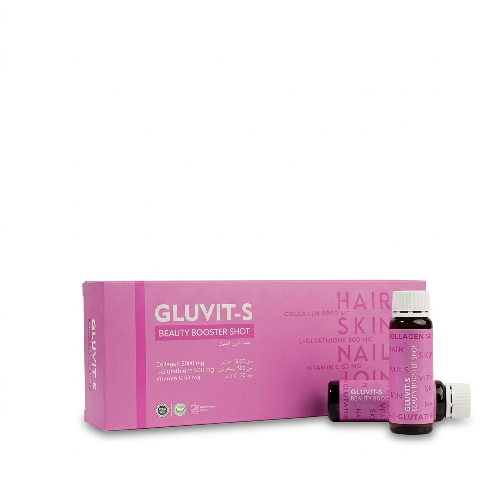 Gluvit-S Beauty Booster Shot pink box aur bottles, white background par – docxora.com Pakistan
