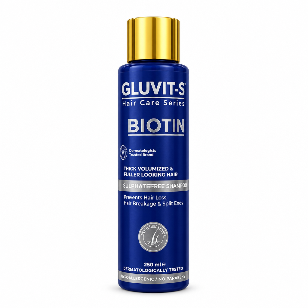 GLUVIT-S Biotin Shampoo 250ml dark blue bottle with gold cap – docxora.com Pakistan