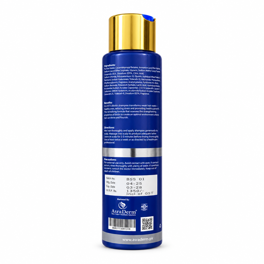 GLUVIT-S Biotin Shampoo 250ml bottle back view showing ingredients, usage directions and precautions – docxora.com Pakistan