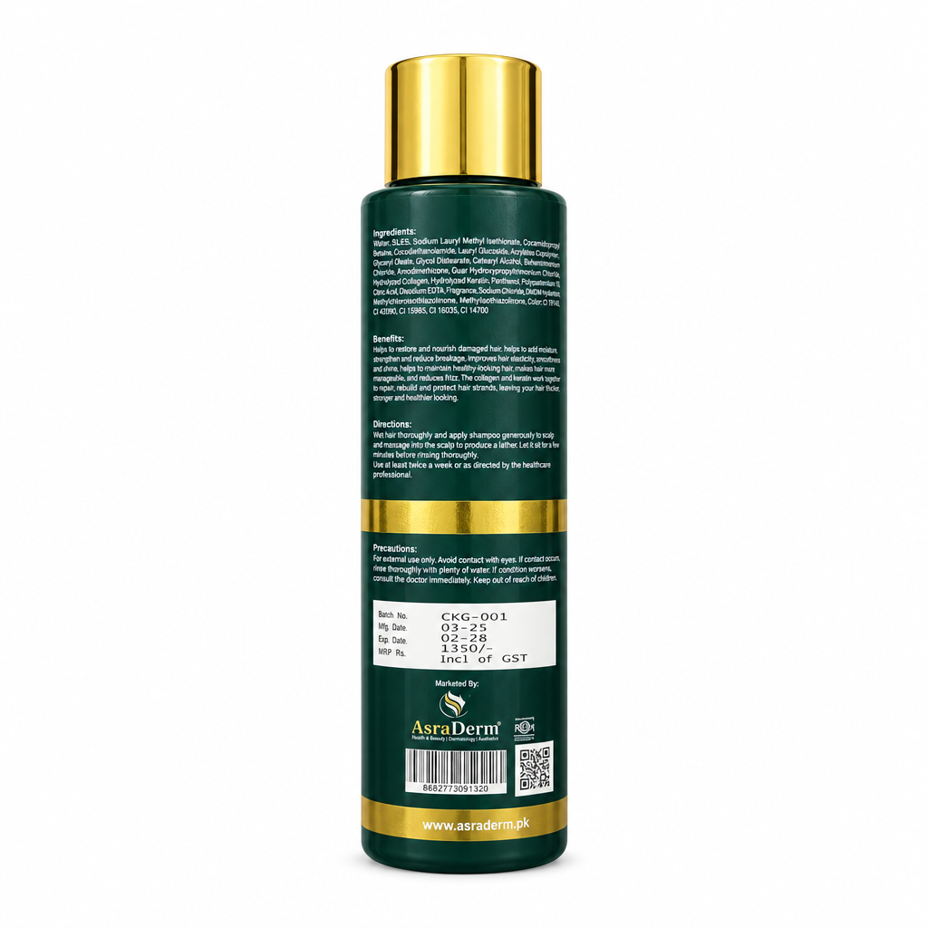 GLUVIT-S Collagen & Keratin Shampoo bottle back view showing ingredients, usage directions and precautions – docxora.com Pakistan