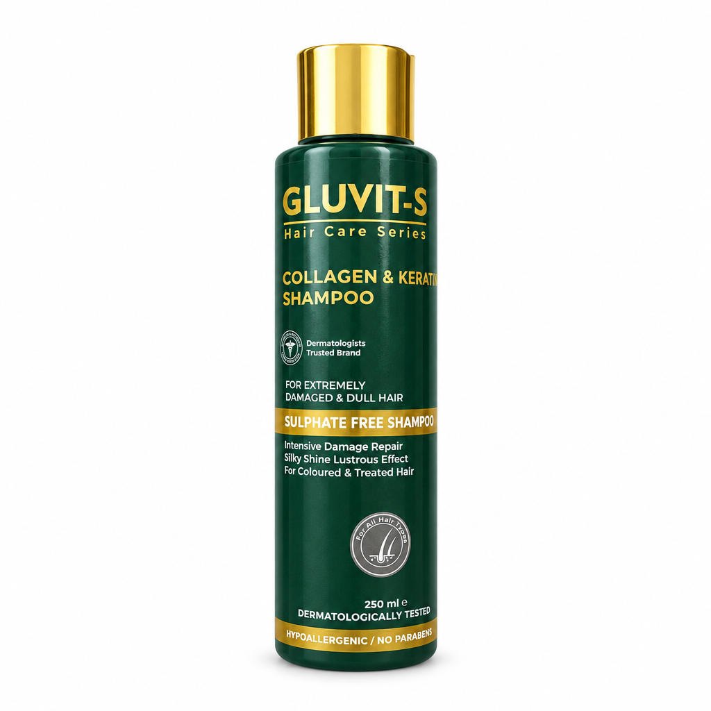 GLUVIT-S Collagen & Keratin Shampoo 250ml dark green bottle with gold cap – docxora.com Pakistan