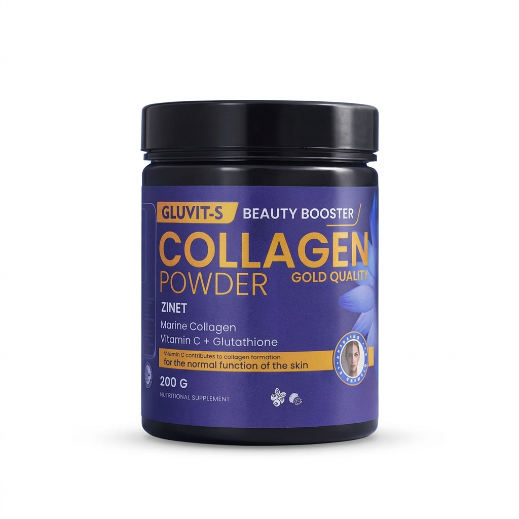 Gluvit-S Beauty Booster Collagen Powder Gold Quality 200g, black jar with a purple and gold label – docxora.com Pakistan.