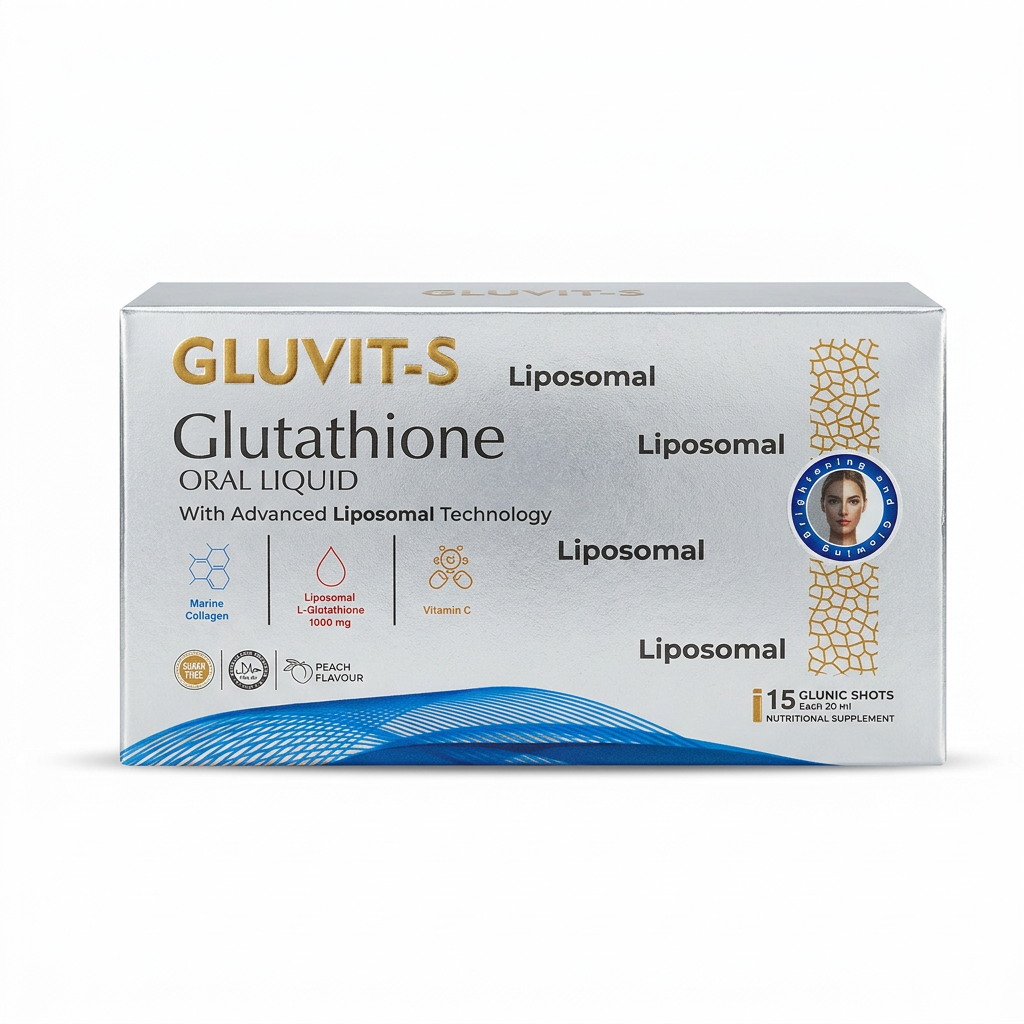 Gluvit-S Liposomal Glutathione Oral Liquid, peach flavour, 15 drinkable shots of 20 ml each – docxora.com Pakistan.