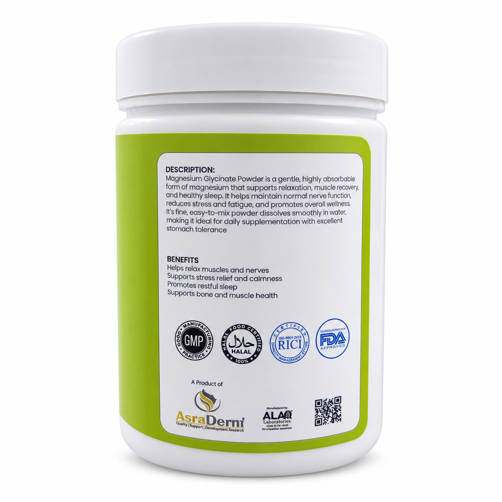 Gluvit-S Magnesium Powder white jar side view showing the product description, benefits and brand logos on a green-bordered label | docxora.com Pakistan