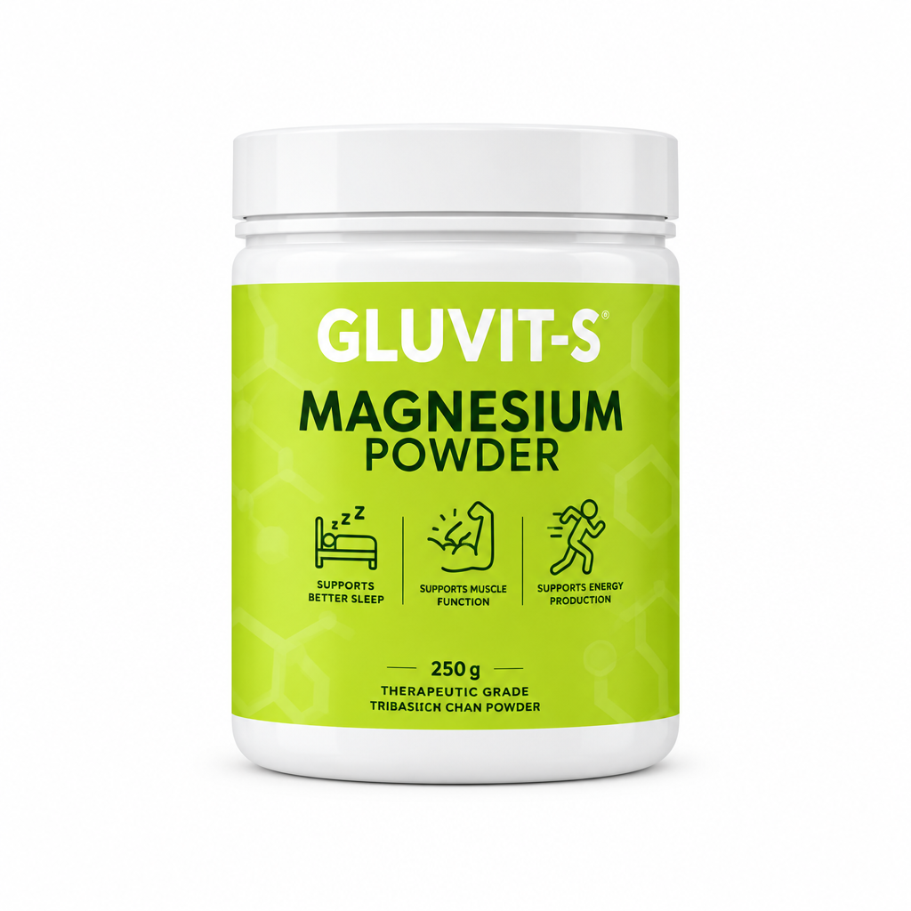 GLUVIT-S Magnesium Powder white jar with a lime-green front label, centered on a white background | docxora.com Pakistan