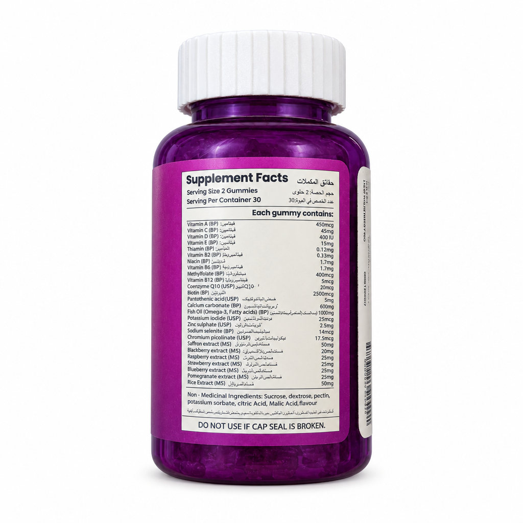 GLUVIT-S Women’s Multivitamin Gummies bottle back view showing Supplement Facts and ingredients in English and Arabic – docxora.com Pakistan